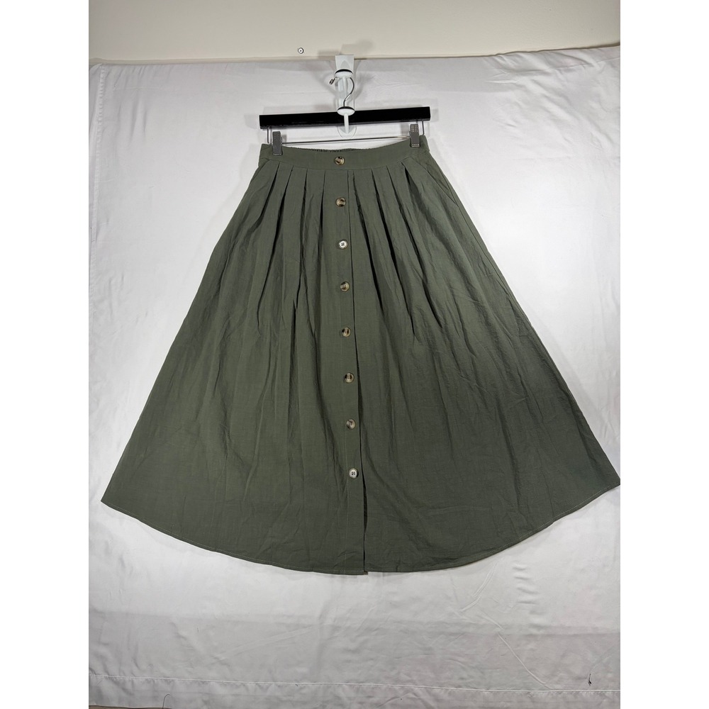 Pleated Midi Skirt Women Small Olive Green Button Front Cotton